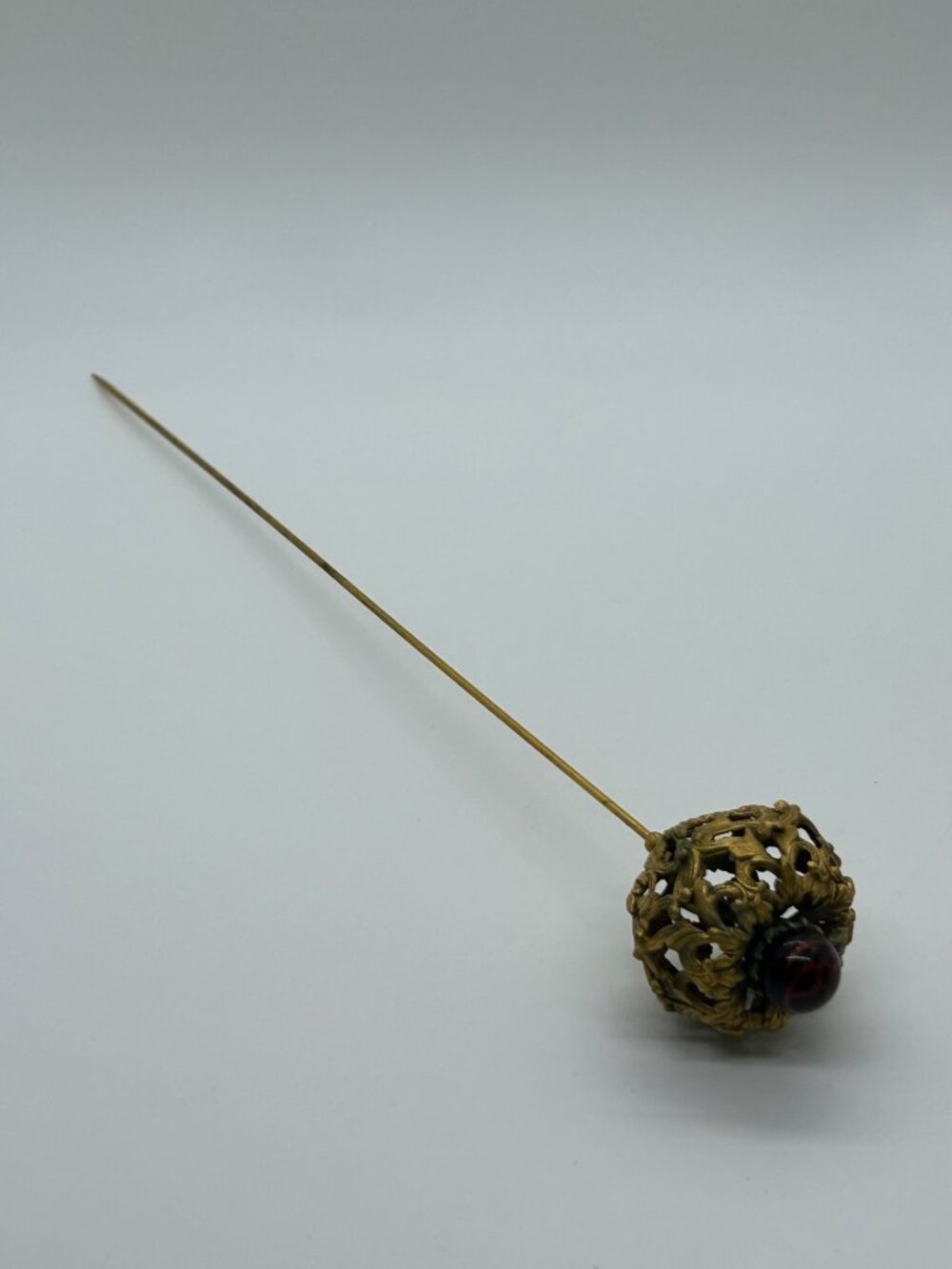 Antique Edwardian Hat Pin Gilded Brass Filigree Red Cabochon 1900s 9" READ - Picture 3 of 16